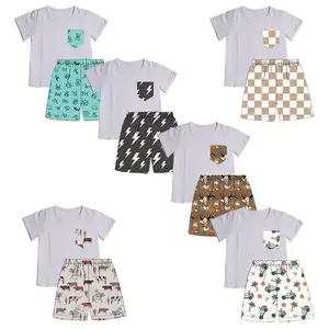 カスタム卸売キッズ夏服セットウエスタンプリントガールズボーイズTシャツショーツ2ピースボーイズ服セット