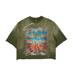 T-shirt da <span class=keywords><strong>uomo</strong></span> personalizzata OEM in cotone pesante 100% con bordo tagliato, stampa DTG, taglio corto, effetto distressed e lavaggio acido - Product Image 1