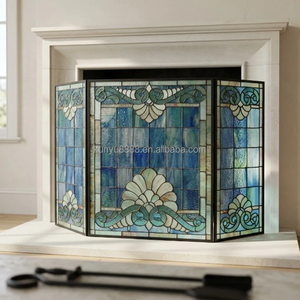 Écran de cheminée en vitrail, 3 panneaux, design baroque, décoration traditionnelle, couleur bleue, forme rectangulaire, décoration - Product Image 4
