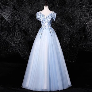 Off-Shoulder Ball Gown Sky Blue Tulle Empire Waist Floral Print Evening Dress For Stage Performance Hostess - Product Image 2