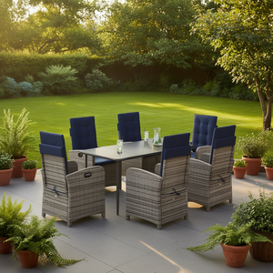 Ensemble de salle à manger de jardin en rotin bleu marine et gris, 6 places, mobilier d'extérieur résistant aux intempéries, design contemporain - Product Image 2