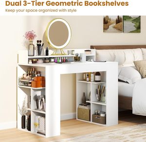 Bureau d'étude moderne et minimaliste en bois avec prises électriques, étagère pour moniteur, bibliothèque, passages de câbles, extensible et écologique - Product Image 2