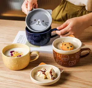 Керамические кружки Zofifts в японском стиле с крышкой для животных, овсяная кошка, оптовая продажа, кофейные кружки для детского сада