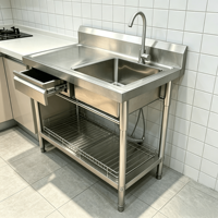 Table de préparation professionnelle en acier inoxydable avec évier, étagère inférieure et tiroir pour restaurant