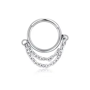 NUORO 16G Stainless Steel Hinged Segment Ring Double Chain Dangle Septum Rings Clicker Cartilage Hoop Earring Chain Nose Ring