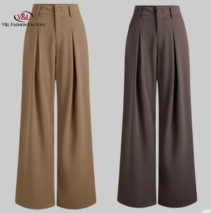 OEM ODM Custom <span class=keywords><strong>di</strong></span> alta qualità in <span class=keywords><strong>lana</strong></span> estiva formale a vita alta pieghettato anteriore traspirante ufficio pantaloni larghi <span class=keywords><strong>donna</strong></span> produttore - Product Image 1