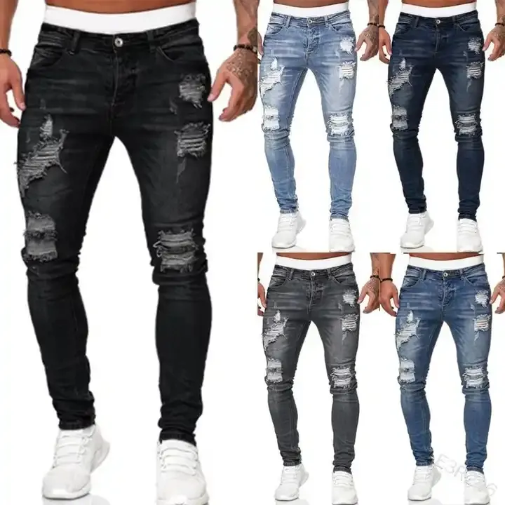 2023 spring new vintage ripped jeans men's fashion brand slim small feet nine points pants Korean version of the trend long pant