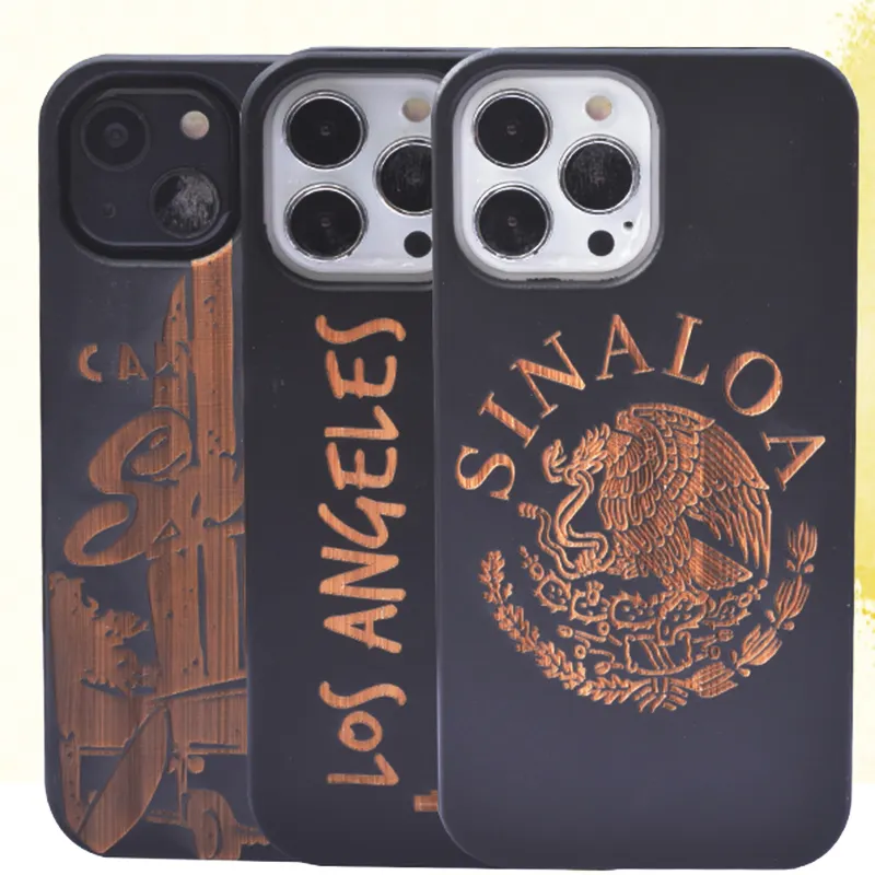 Black Wood Phone Case For Iphone 14 pro max 13 mini 12 XS MAX XR Laser Engraved Wooden Mobile Phone Cover For Samsung S23