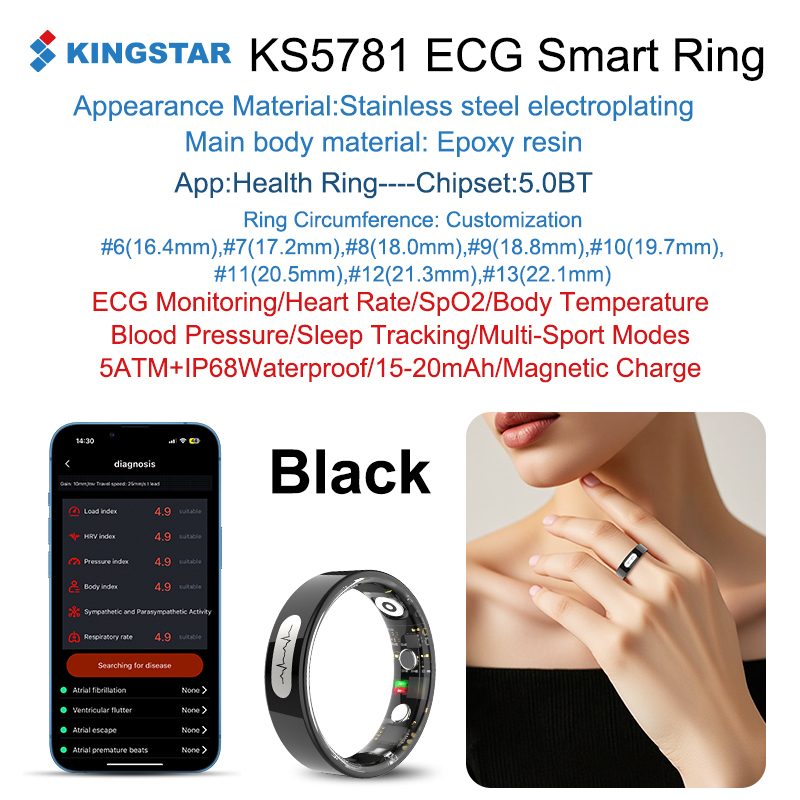 Noir- Kingstar- KS5781-AI santé-sommeil-remise en forme-bague intelligente