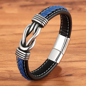 Bracelet en cuir noir et <span class=keywords><strong>bleu</strong></span> pour homme, bijou géométrique en acier inoxydable, tressé à la main avec fermoir magnétique, cadeau idéal - Product Image 1