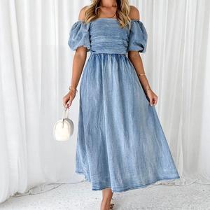 <span class=keywords><strong>Robe</strong></span> bandeau d'été décontractée personnalisée Loose Flare Ruffles Puff Short Sleeve Light Blue Maxi Jeans Solid Color Denim Breathable - Product Image 2