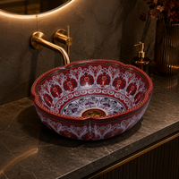 Lavabo en céramique rouge foncé mat, design floral, lavabo sur pied pour salle de bain, motif violet peint à la main, lavabo à poser pour villa