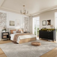 Ensemble de chambre à coucher moderne du milieu du siècle 3 pièces Durable P2 MDF rotin armoire tiroirs commode tables de chevet avec Station de charge