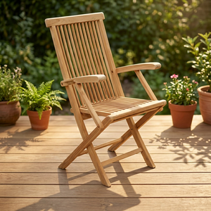 Teak Folding Garden <b>Chair</b> with Armrests <b>Rustic</b> Outdoor Furniture Wooden Seat and Back Tapered Legs - Product Image 2