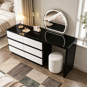 Coiffeuse moderne noire et blanche avec miroir LED rond, meuble de rangement et tabouret pour chambre à coucher - Product Image 6