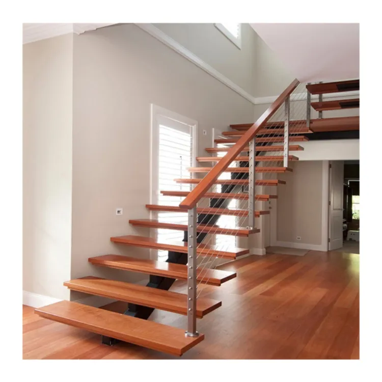 सीधी सीढ़ियाँ लकड़ी के साथ सीधी सीढ़ियाँ मध्य स्ट्रिंगर सीढ़ियाँ