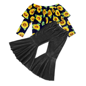 Top de Terciopelo con Rayas Negras y Flores para Bebé, Pantalones de Campana, Ropa de Boutique para Niñas, Venta al por Mayor de Ropa Infantil - Product Image 5