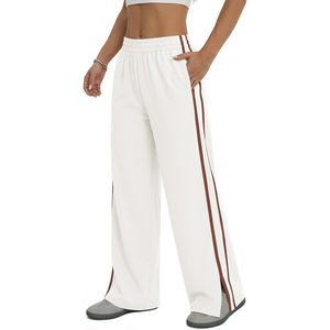 Pantalon large pour femme, taille haute, élastique, fente latérale, coupe ample, décontracté, pour l'entraînement, avec poches, en tissu tricoté respirant - Product Image 1