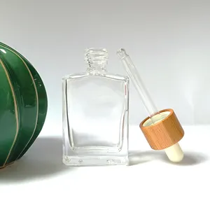 Flacon compte-gouttes en verre de luxe, avec anneau en bambou et collier de tête blanc mat, pour sérum, huile essentielle, de 30ml, 10 pièces