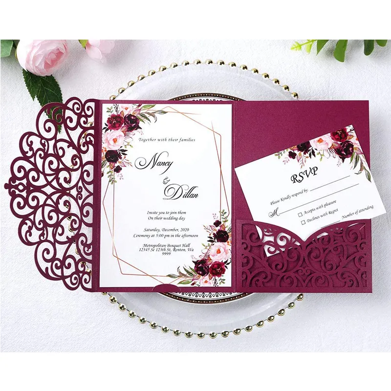 Convite para cartões de casamento, envelopes de casamento tipo borgonha, capas de cartões para convite
