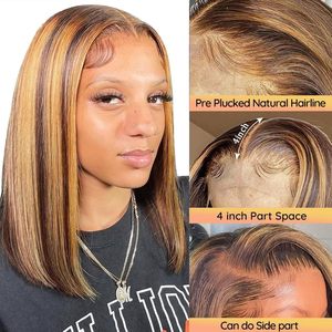 Perruque Bob Courte Lisse Ombré Blond Miel avec Mèches 4/27, Cheveux Humains, Perruque Lace Front 13x4, 100% Cheveux Humains Pré-Pluckée, 14 Pouces - Product Image 5