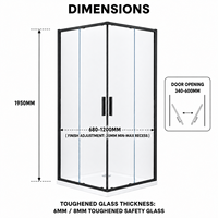 Porte de douche coulissante en verre noir pour entrée d'angle, cabine de douche 1950 mm (H) et 680-1200 mm (L), verre trempé, pour hôtel, salle de bain, appartement