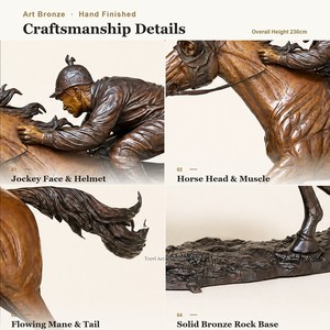 Statue personnalisée grandeur nature en bronze de cheval de course et jockey, sculpture de cheval au galop, art métallique pour jardin extérieur et villa, vente en gros OEM - Product Image 5