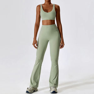 Leggings a maniche lunghe da donna Set Yoga Crop Top da donna reggiseno con spalline sottili da ginnastica completo da donna gilet incrociato a svasato pantaloni sportivi - Product Image 6