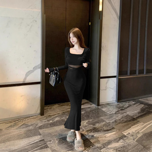 French Retro Square Neck Long Sleeve Mesh Patchwork Bodycon Fishtail Maxi Dress Women Autumn Winter Mature Sexy Solid Color - Product Image 1
