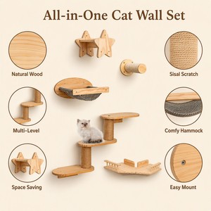 Juego de estantes de pared para gatos de madera natural, estante en forma de estrella, poste rascador de sisal, hamaca de tela, escalones de tela, muebles de pared para gatos - Product Image 4