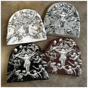 <span class=keywords><strong>Bonnet</strong></span> en tricot jacquard inspiré du style Y2K, unisexe, streetwear tendance, motif tête de mort, ajustable, chaud, pour l'hiver, nouvelle collection, casquette tendance - Product Image 2
