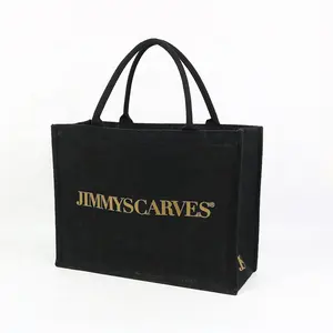 Reusable Black Jute Bag Tote Beach Burlap Bag With Custom Gold Logo Printed