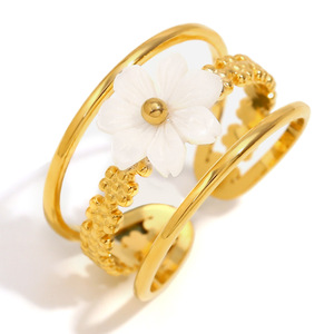 18K Gold Plated Stainless Steel Natural Shell Flower Double Layer Hollow Open Adjustable Stackable <b>Statement</b> <b>Ring</b> For Women - Product Image 1