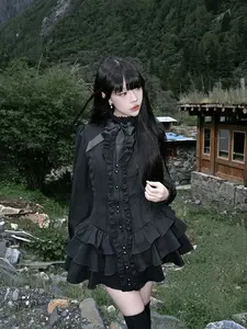 Robe mini noire gothique en dentelle pour <span class=keywords><strong>femme</strong></span>, style Y2K, streetwear japonais, Lolita, col rond, manches longues, costumes Lolita épicés - Product Image 2