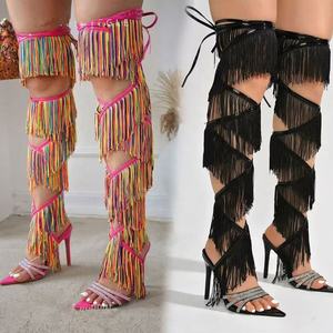 Sandalias ZHEZHE con Borlas por Encima de la Rodilla para Mujer, con Punta en Pico, Cristales, Correa Romana, con Cordones, Zapatos Sexys de Tacón Alto para Fiesta - Product Image 1