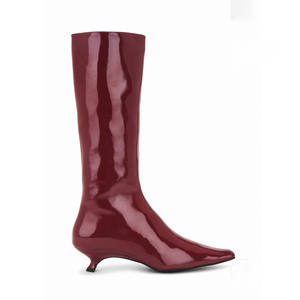 รองเท้าบูทส้นลูกแมวผู้หญิง, รองเท้าบูทหุ้มข้อยาวสีแดงรองเท้าส้นหนังสิทธิบัตร - Product Image 5