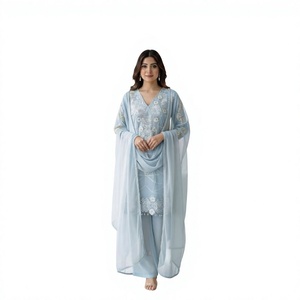 EXCLUSIF Aïd : Ensemble Salwar Kameez Plazzo tendance pour la saison des mariages, avec broderie à sequins, style traditionnel de fête, séchage rapide - Product Image 1