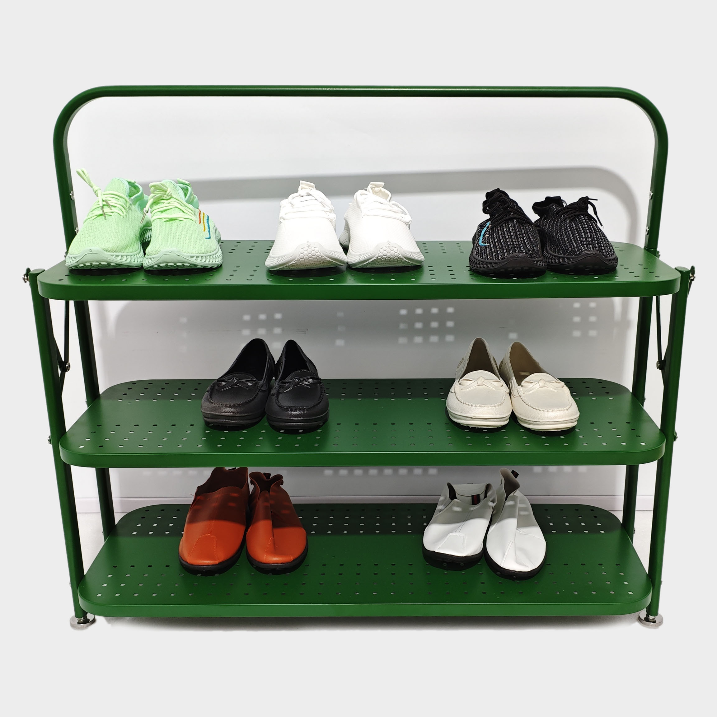 Metal Shoes Display Racks Foldable 3-Tier Stand with Green Shelf Adjustable Feet Custom Logo for Advertising — view 5