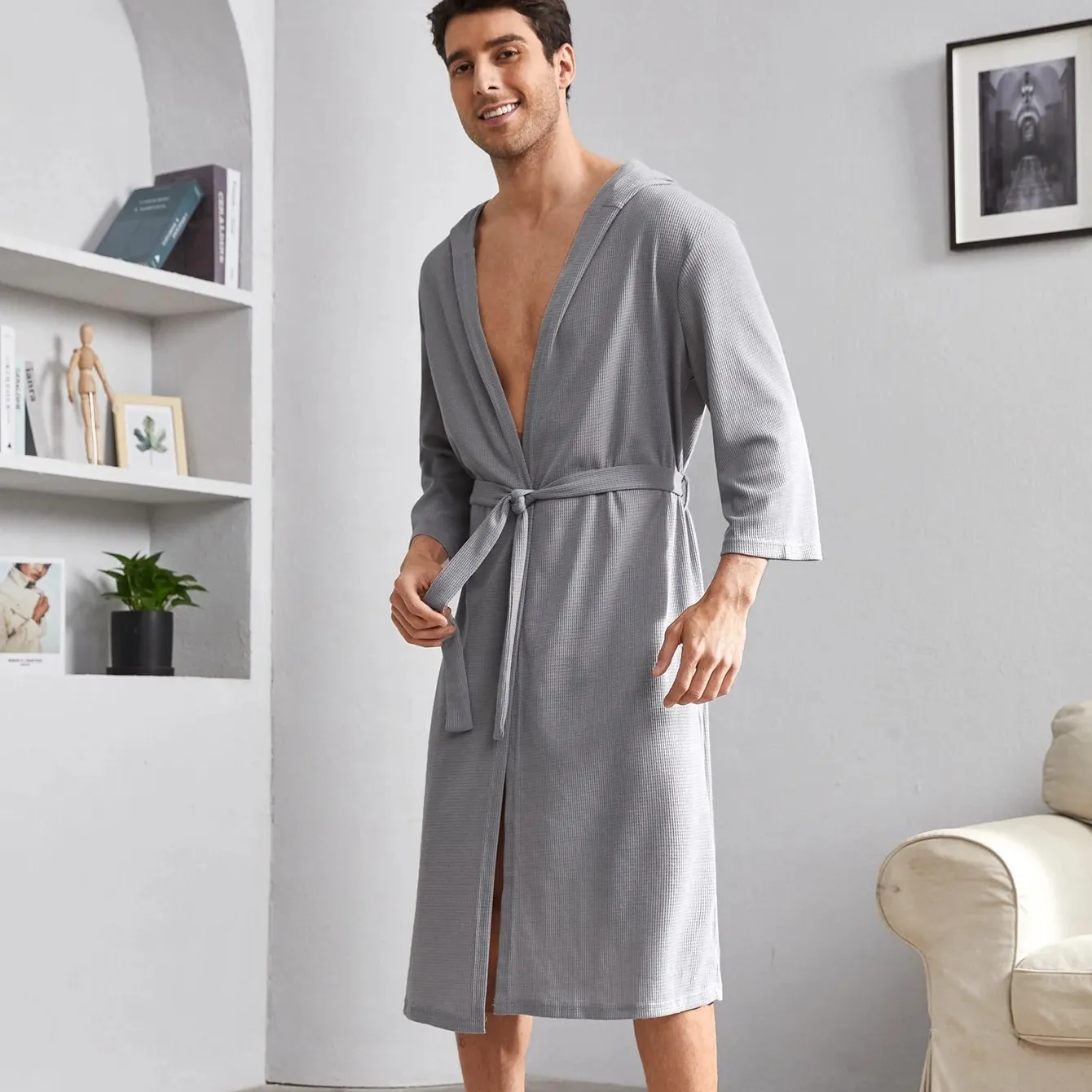 Оптовая продажа, мужской банный халат на заказ, изготовленный на заказ, вафельный Халат для спа-ванн, однотонный мужской халат, мягкая одежда для отдыха