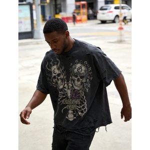 Camiseta de Hombre Estilo Streetwear, Oversize, Corte Cuadrado, 100% Algodón, con Impresión Digital, Efecto Desgastado y Lavado Ácido, Diseño Vintage, Personalizable OEM - Product Image 2