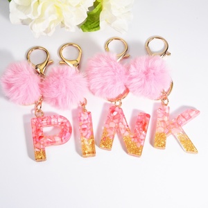 New Style Wholesale Cute Metal Plush Key Chain Custom <b>Letter</b> Initial pink Pompoms A-Z Acrylic <b>Plastic</b> Keychain Ms Pendant - Product Image 1