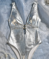 Maillot de bain une pièce pour femme, style européen et américain, col en V profond, design ajouré, sexy, effet métallique brillant, vêtements de plage