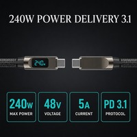 Câble de charge rapide USB-C vers USB-C 240W en nylon tressé TPE avec affichage de puissance, garantie 12 mois pour ordinateur portable et écouteurs - Vente en gros