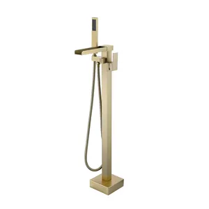 Luxury Brushed Gold Finish Floor Stand Brass Bathtub Faucet with Waterfall Tub Filler and Brass Handle Shower