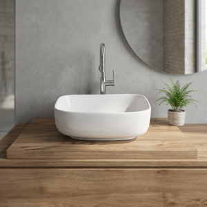 Vasque de salle de bain carrée ou rectangulaire en céramique et porcelaine, à poser sur meuble, monotrou, pour usage hospitalier, très populaire et très vendue, fabriquée en Chine - Product Image 1