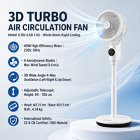 Kipas Angin Remote Smart Voice Dual Control 3D Air Circulator Timer 8 Jam 4 Baling-baling 8 Kecepatan Tinggi Dapat Disesuaikan Kipas Lantai ABS OEM Custom