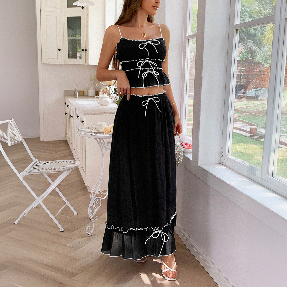 flowy 2 piece dress Elegant 2 Piece Set Dress Boho Summer Beach Dress Woman Photo Shoot Gowns Side Slit YEWEN YW220821 10 / Khaki
