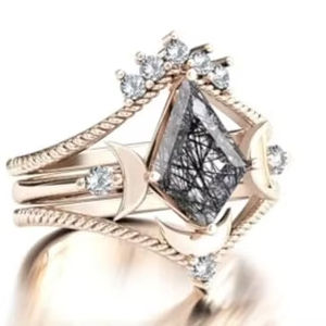 Ensemble de bagues de mariage en quartz rutilé noir en forme de cerf-volant, classique, en argent 925 plaqué or 14 carats, bagues en pierres précieuses pour anniversaires et fêtes, haute joaillerie - Product Image 1