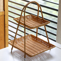 Corbeille à fruits carrée multi-niveaux de style chinois, plateau de thé de l'après-midi en faux rotin de luxe léger, support de rangement pour collations et bonbons domestiques