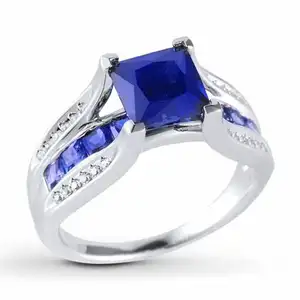 Split Shank Princess Cut Blue Sapphire Tension Instellen Cubic Zirkoon Paar Gift Wedding Engagement Heren 925 Zilveren Ringen